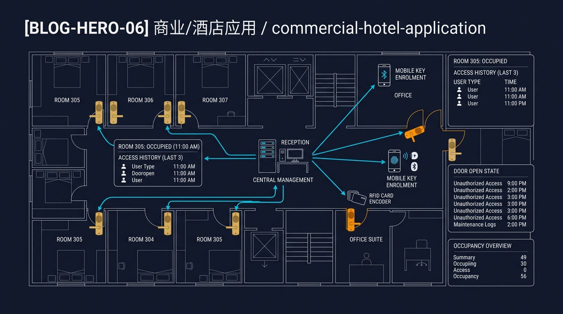 Hotel access control system managing RFID cards and electronic mortise locks across guest rooms