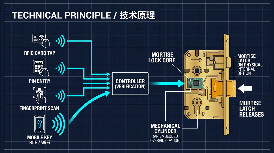 Bluetooth door lock unlocked by a smartphone using a mobile key on an electronic mortise lock